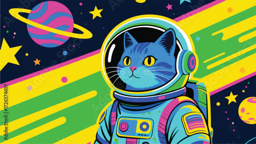 Astronaut Cat on the Moon Illustrator Artwork Banner Background Design Template 