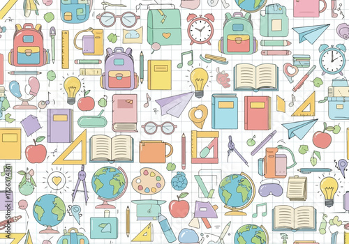 Vector illustration of a colorful and playful pattern of school supplies and educational items, perfect for a back to school theme