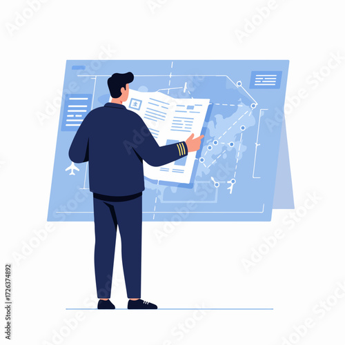 Pilot studying flight plans in front of an air traffic control map, illustrating aviation logistics and route navigation.