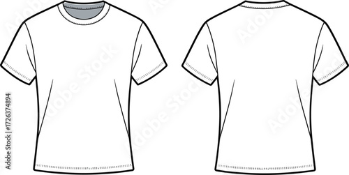 T shirt cad drawing flat vector, fashion sketch illustration, casual clothing template, unisex apparel design, plain garment technical mockup