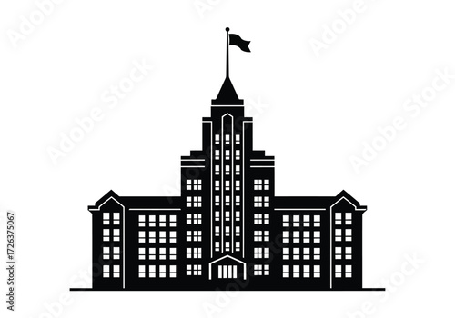 Vector illustration of silhouette of a grand building with a flag on top, representing a school or government institution