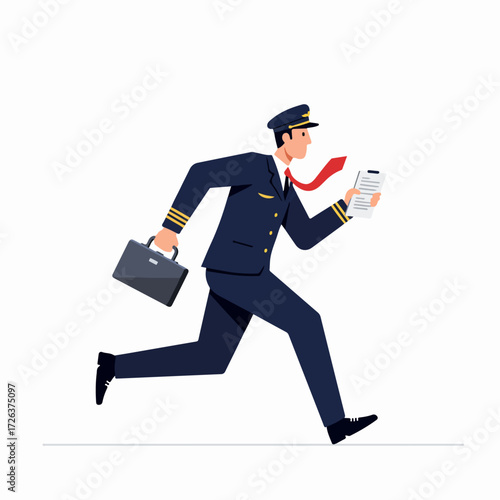 Busy male pilot in uniform running with a briefcase and documents, representing travel industry urgency and professional haste on a white background.