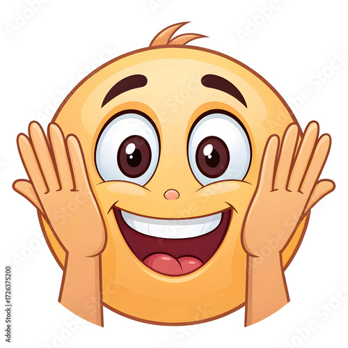An emoji-style face peeking from behind hands, isolated visually, expressing shyness, fear, anticipation,