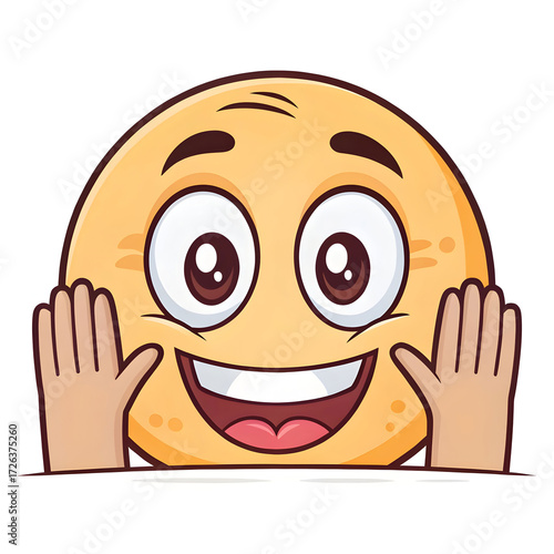 An emoji-style face peeking from behind hands, isolated visually, expressing shyness, fear, anticipation,