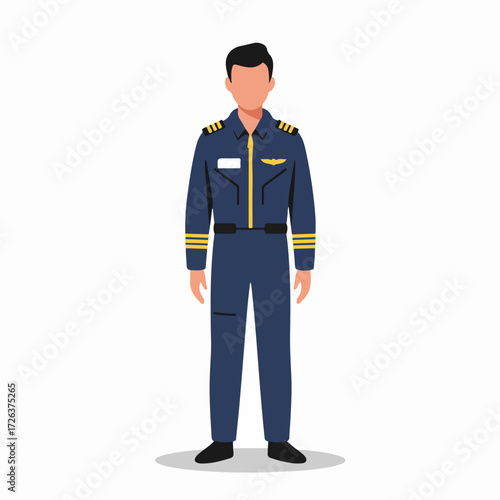 Flat design illustration of a standing male pilot in a navy blue uniform, ideal for aviation, travel, or career-themed visuals.