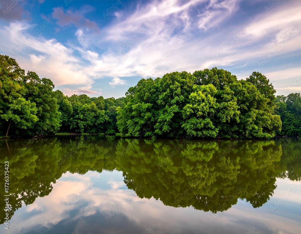 Fototapeta premium Serene lake reflecting lush green trees under a pastel sky