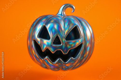 Holographic Chrome Jack o' Lantern on Orange Backdrop, Halloween Y2K Hyperpop Concept