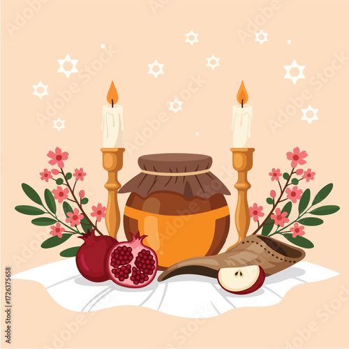 Festive Illustration of a Jewish New Year Table Setting, featuring a Honey Jar, Pomegranate, Sliced Apple, Shofar, and Lit Candles, symbolizing wishes for a sweet and prosperous year