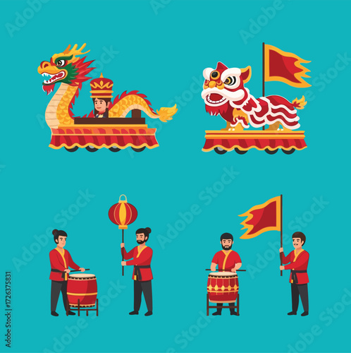 Colorful illustrations depicting a Chinese New Year celebration with dragon and lion dancers.