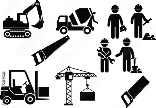 Construction equipment and worker silhouette vector set, excavator, forklift, crane, cement truck, saw, labor icons, industrial machinery, black building tools illustration