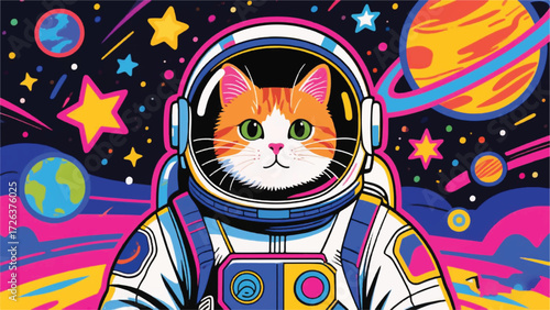 Space Astronaut Cat Illustrator Artwork Banner Background Design Template 