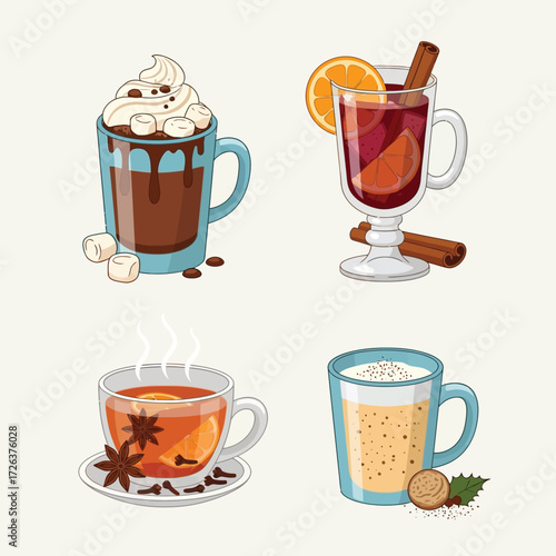 Four colorful illustrations of various warm beverages, including hot chocolate, mulled wine, tea, and eggnog.
