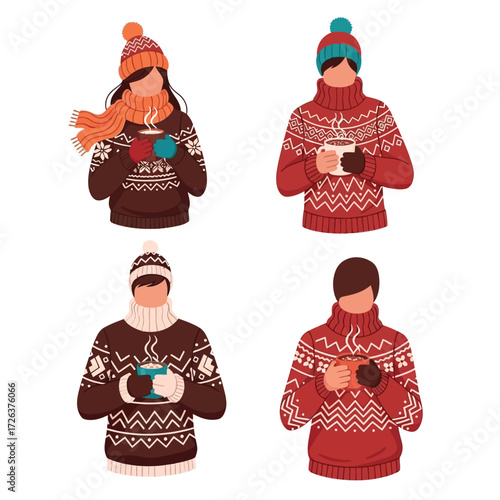 Four people in winter attire holding mugs of hot beverages, enjoying warmth.