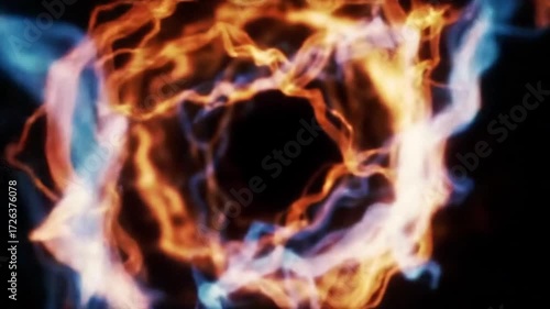 Abstract close-up of a vibrant fiery ring with dynamic orange and blue flames on a dark background with a shallow depth of field.