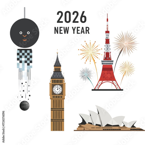 Festive illustration celebrating New Year 2026, featuring iconic landmarks and fireworks.