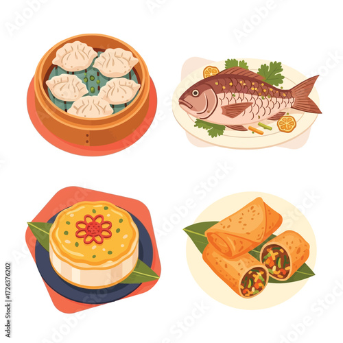 Four illustrations of Asian cuisine: dumplings in a steamer, a whole fish, a decorated cake, and spring rolls.