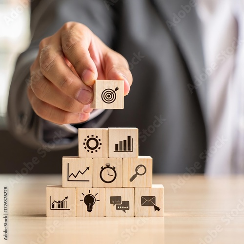 Analyzing Key Performance Indicators, Businessman using virtual screen to analyze key performance indicators KPI with various graphs and charts, showcasing data analysis and performance tracking