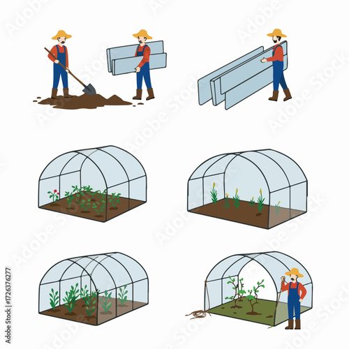 Greenhouse gardening lifecycle: farmer's journey from preparing soil and construction to growing lush plants and healthy crops.