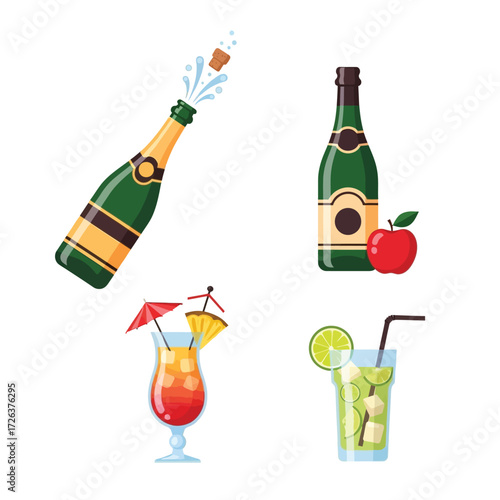 Flat design illustration of various celebratory drinks, including champagne and cocktails.