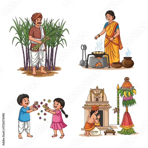 Indian rural life depicted in four scenes, showing sugarcane farming, cooking, children playing, and religious ceremony.