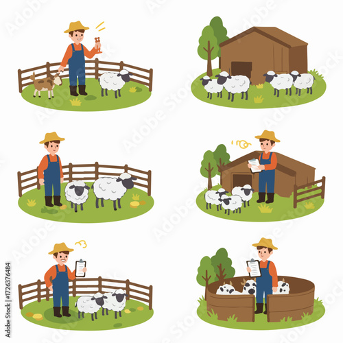 Illustrated farmer's daily life with farm animals, showing agricultural activities, animal care, and farm work.