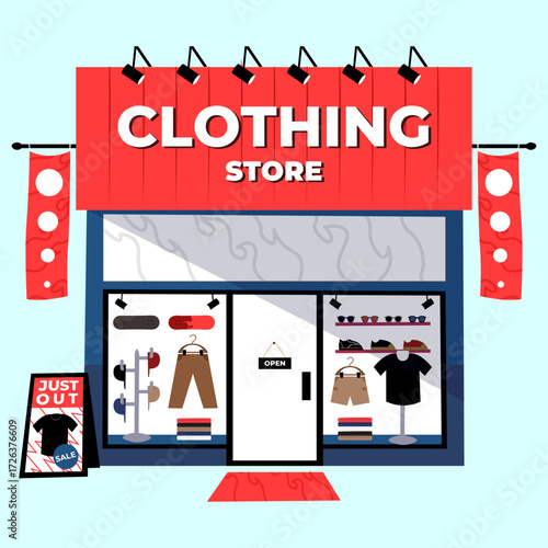 Clothing store with red signboard glass front and open door displays shirts pants hats and promo signage in a modern stylized scene representing fashion retail and visual merchandising