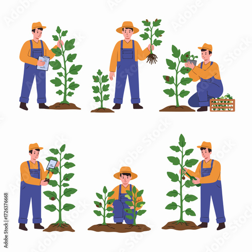 Illustration of a farmer cultivating plants, from planting seedlings to harvesting, showcasing the full agricultural process and plant care stages.