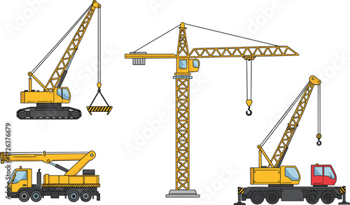 Vector illustration of tower crane, mobile crane, crawler crane, construction lifting machinery, heavy equipment, industrial vehicles, engineering machines, building site tools, and equipment