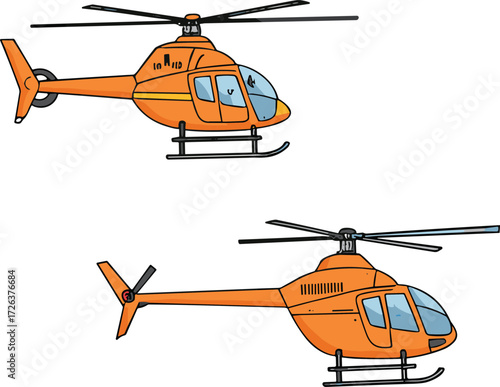 Vector illustration of orange helicopters, side view, aviation aircraft, rotor blades, aerial transport, flying machines, emergency rescue, private flight, modern helicopter design