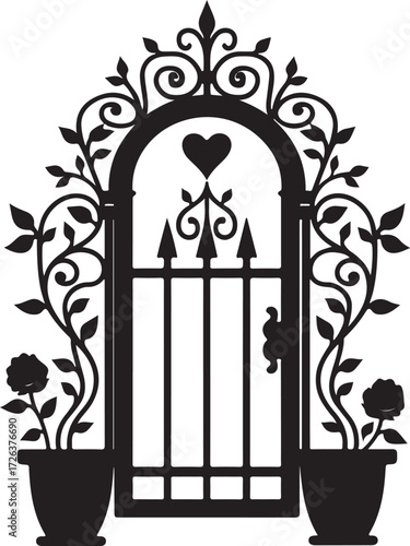 Black silhouette ornate garden gate with roses and heart 2