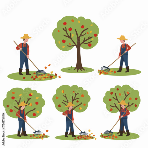 Farmer Raking Autumn Leaves Around a Tree - Seasonal Garden Work Illustration Set