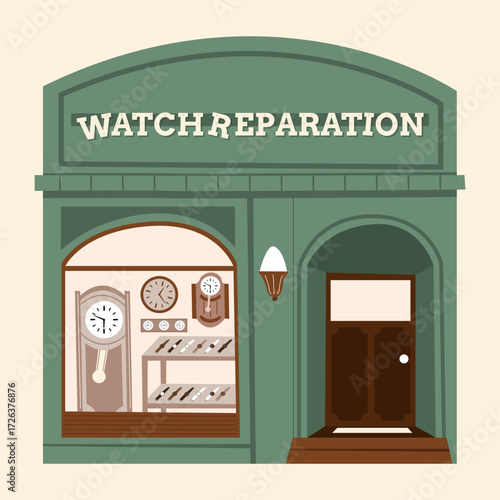 Watch reparation shop with green facade display window full of clocks and wristwatches beside brown door in stylized cartoon scene representing vintage service and timekeeping theme