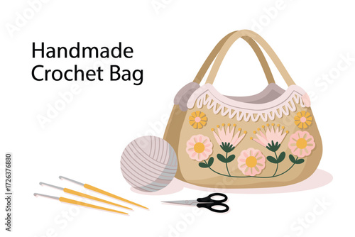 Handmade Crochet Bag with Floral Design: A Creative Hobby and Fashion Accessory Illustration Featuring Yarn, Crochet Hooks, and Scissors