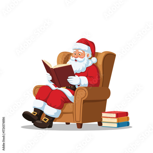 Santa Claus sitting in an armchair, reading a book with stack of books next to him.
