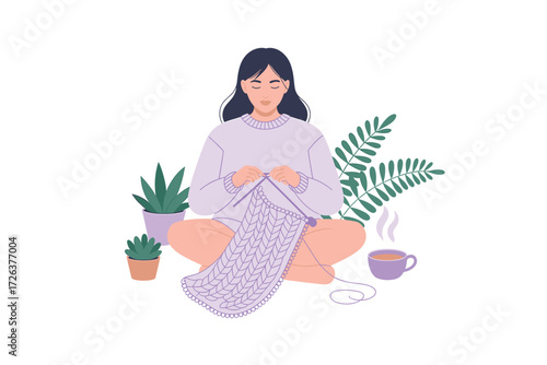 Woman Knitting with Cozy Plants and Tea: A Relaxing, Hobby-Filled Scene for Crafting, Creativity, and Comfortable Living Illustration.