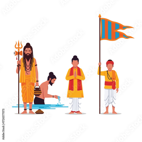 Hindu religious figures in various poses,  performing rituals and worship.