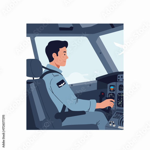 Professional male pilot in a light blue uniform operating flight controls inside an airplane cockpit, showcasing modern aviation.