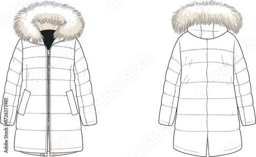 Long winter puffer coat illustration, hooded parka with faux fur trim, padded outerwear design, warm fashion clothing mockup, stylish jacket template