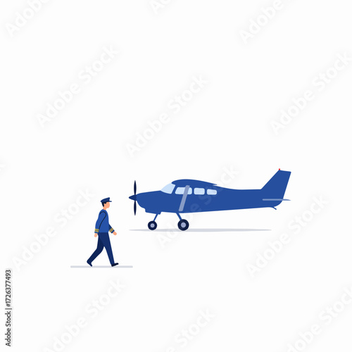 Professional pilot in uniform walking past a small blue single-engine propeller airplane, ready for flight. Aviation career and travel concept.