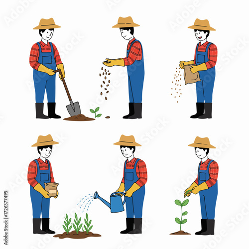 Agricultural process illustration: a farmer demonstrates planting seeds, watering, and growing crops from seedling to young plant.