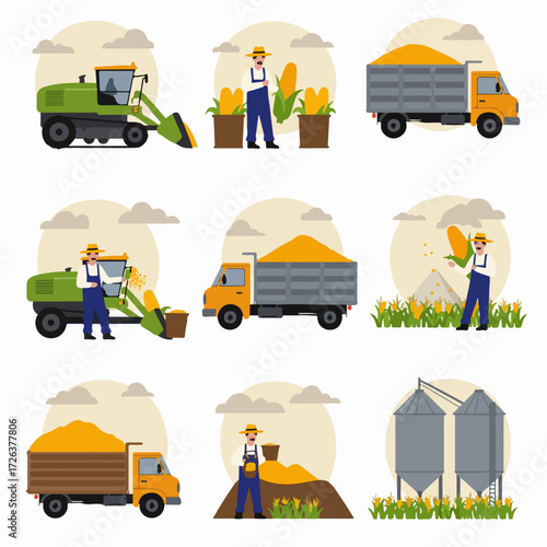 Visualizing the Agricultural Journey of Corn: From Field Cultivation to Modern Silo Storage and Transportation.