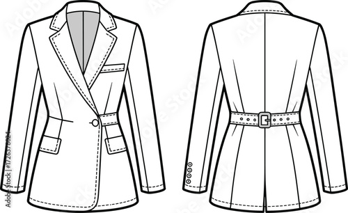 Women blazer coat fashion flat sketch, tailored jacket technical drawing, clothing design template, stylish apparel vector, garment illustration outline