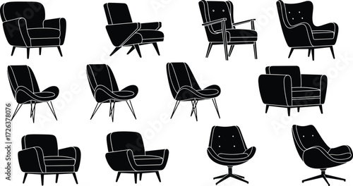Armchair silhouettes vector set, modern lounge chairs collection, interior furniture icons, home decor graphic design, stylish seating illustration, black simple contemporary chair design