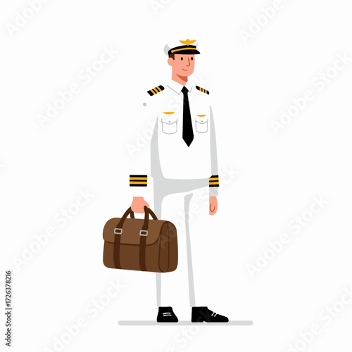 Professional male pilot or captain illustration in uniform, holding a travel bag, ready for duty or journey against a white background.