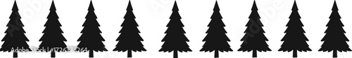 Row of pine tree silhouettes, black evergreen forest illustration, minimal vector design, nature background, spruce woodland art, simple landscape outline