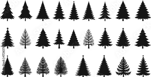 Collection of pine tree silhouettes, evergreen forest icons, Christmas tree vector set, black spruce illustration, woodland nature art design elements