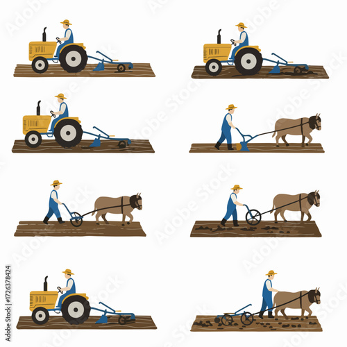A collection of farming illustrations showing a farmer plowing fields with both modern tractors and traditional horse-drawn plows, depicting agricultural work.