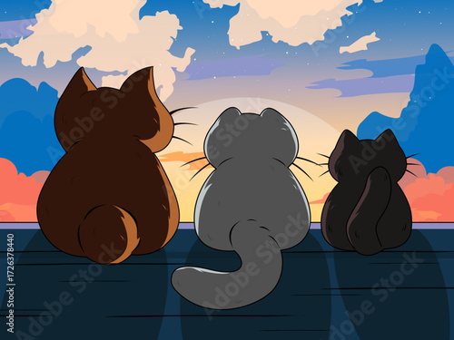 Three cats sit side by side watching sunset with colorful clouds in anime vector style expressing calm friendship and peaceful moment in a soft scenic atmosphere