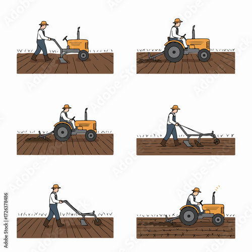 Illustrations of a farmer plowing and tilling fields, using both walk-behind equipment and a tractor, depicting essential agricultural preparation.