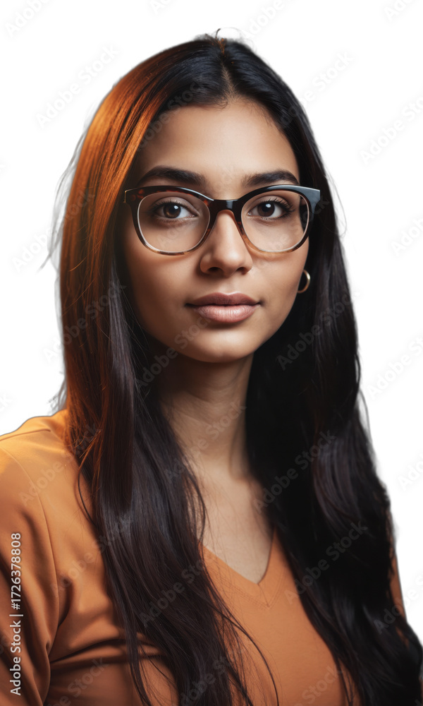 Fototapeta premium A South Asian woman with long hair and stylish glasses, her expression calm and thoughtful, illuminated by glowing light patterns
